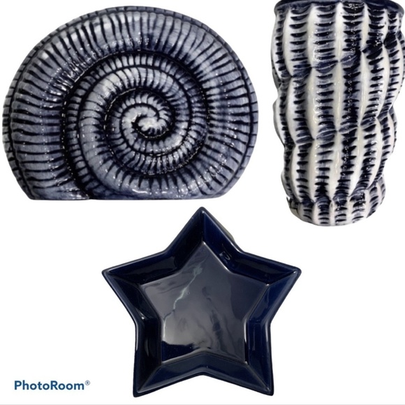 Nautical Beach Bathroom Coastal Ceramic Accessory Set of 3 - Picture 1 of 11